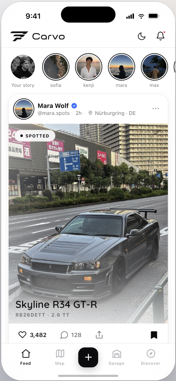 Carvo App – Feed with a spotted Skyline R34 GT-R